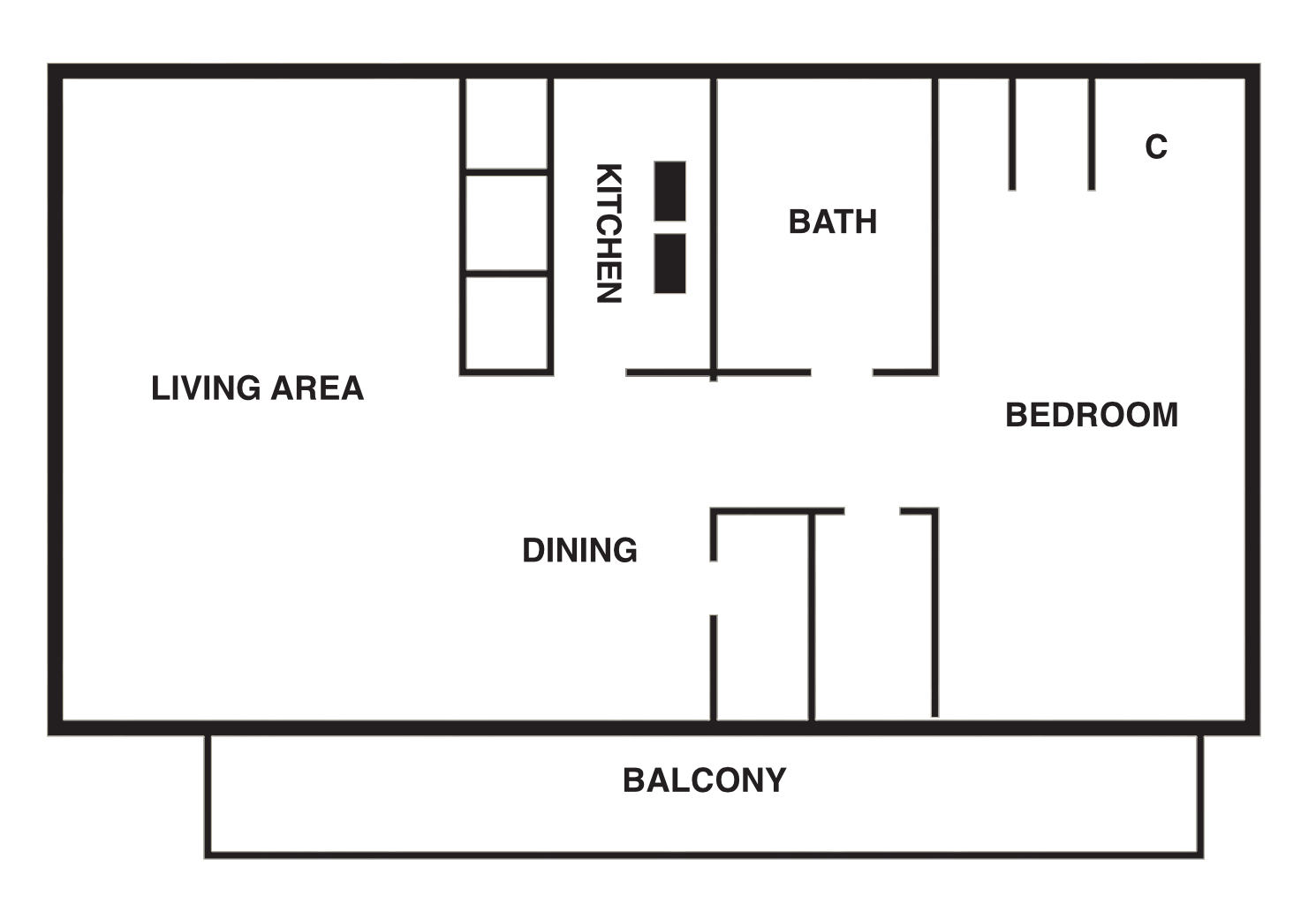 Floor plan for 1 bed, 1 bath, 740 sqft
